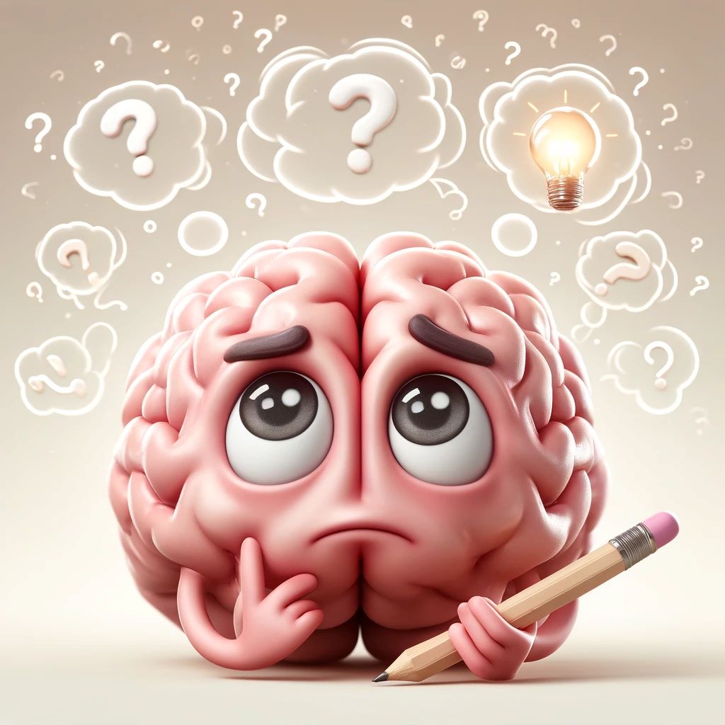 DALL·E 2024-09-26 12.39.52 - A cartoonish depiction of a preoccupied brain character holding a pencil. The brain is anthropomorphized with a thoughtful expression, featuring large